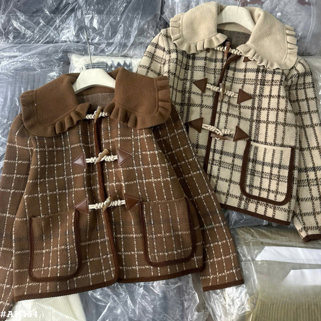 レディース チェック柄 ニットジャケット フリル襟 ダッフル風 秋冬アウター