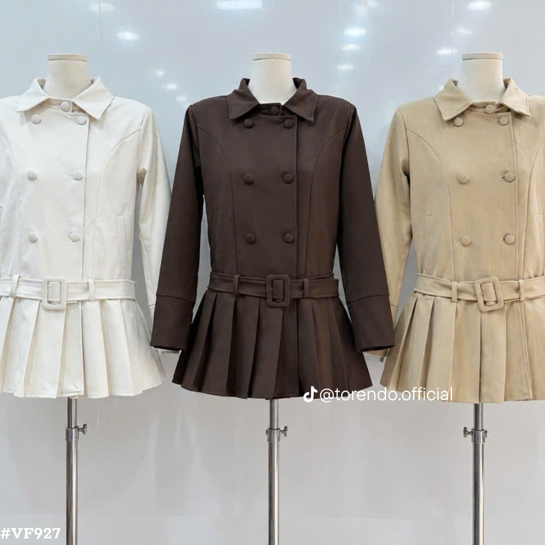 レディース 韓国風 ミニワンピース 長袖 ダブルボタン 襟付き ウエストベルト プリーツ裾 フレアワンピース きれいめ 秋冬