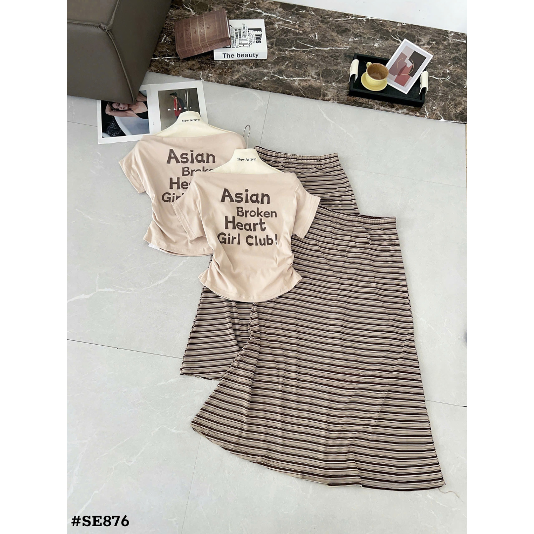 ベージュ ボーダーロングスカート&オフショルダーTシャツ 2点セット レディース 韓国風 カジュアル 着痩せ 夏コーデ