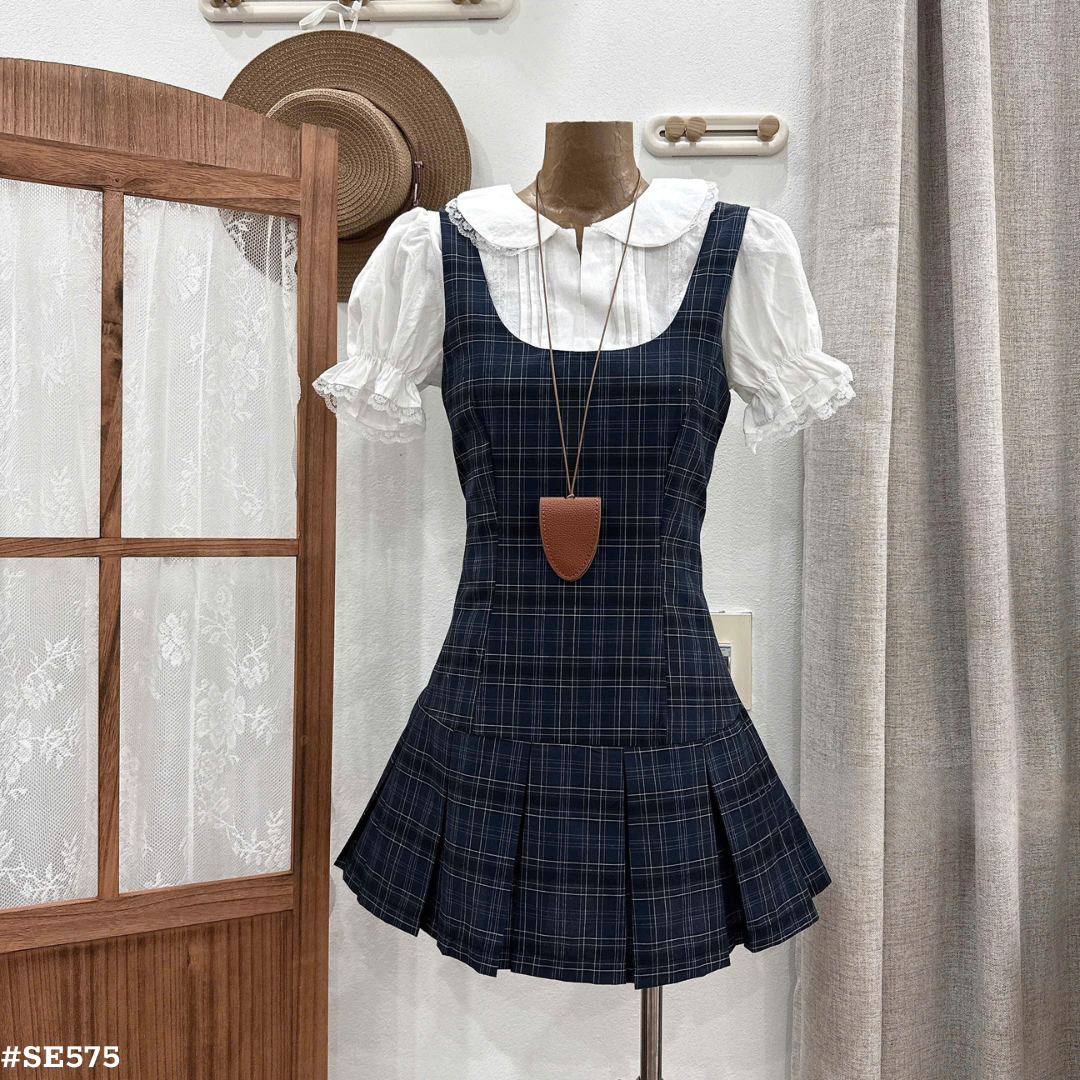 上品チェック柄ワンピースセット 半袖ブラウス付き 着痩せ ミニ丈 学生風 フレンチスタイル
