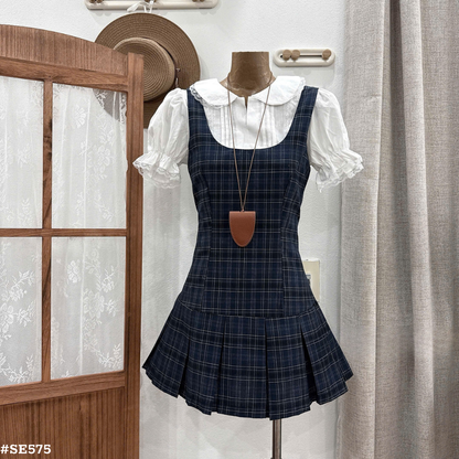 上品チェック柄ワンピースセット 半袖ブラウス付き 着痩せ ミニ丈 学生風 フレンチスタイル