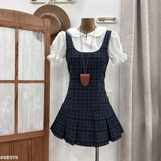 上品チェック柄ワンピースセット 半袖ブラウス付き 着痩せ ミニ丈 学生風 フレンチスタイル