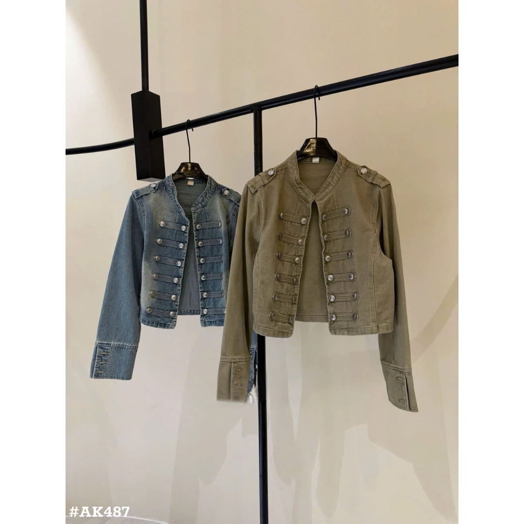 レディース ミリタリー風デニムジャケット ショート丈 ノーカラー