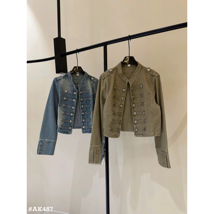 レディース ミリタリー風デニムジャケット ショート丈 ノーカラー