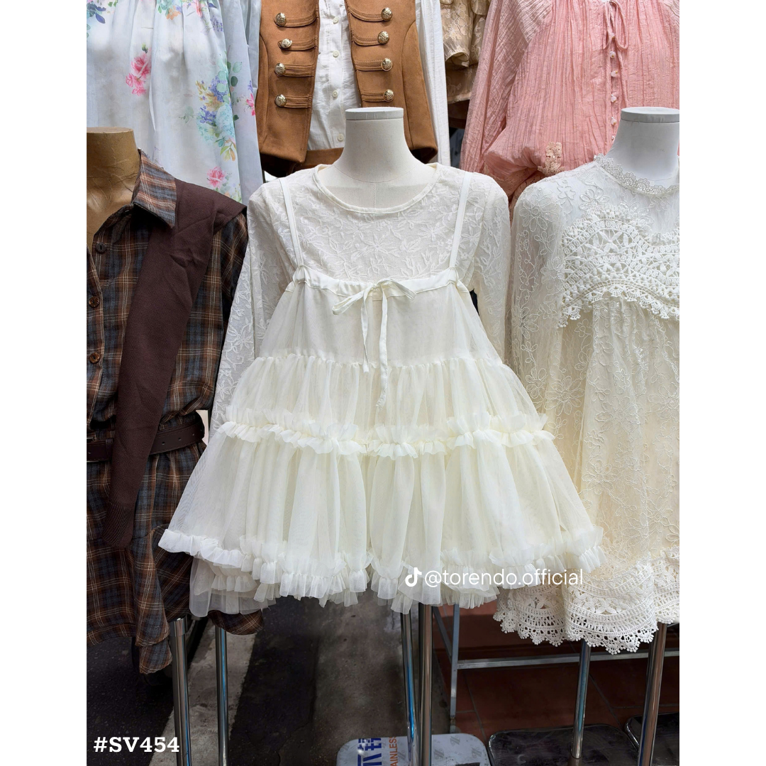 レディース 韓国風 セットアップ 2点セット レース長袖トップス チュールキャミワンピース フリル リボン ミニ丈 ガーリー 春秋
