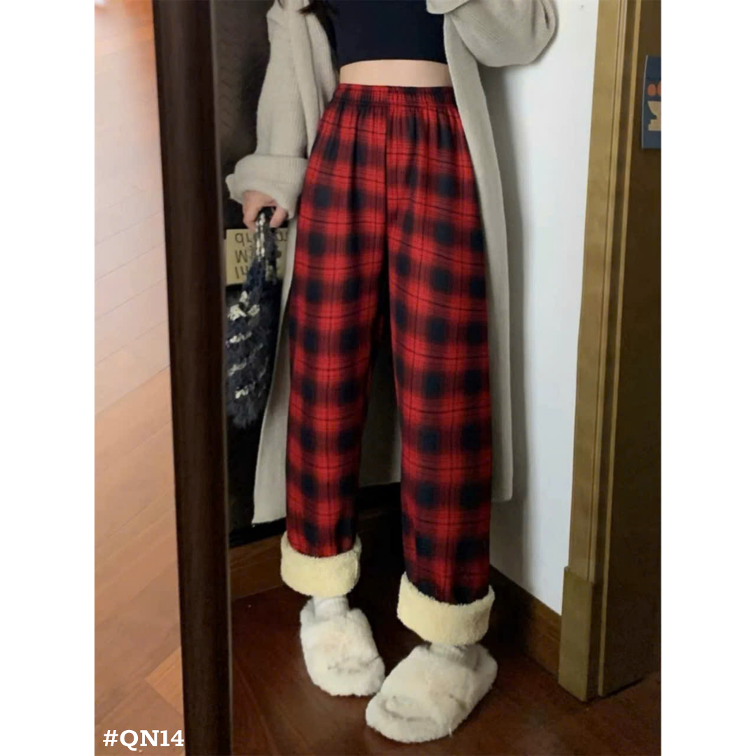 レディース 裏ボア チェック柄 ワイドパンツ 秋冬 防寒 あったかパンツ