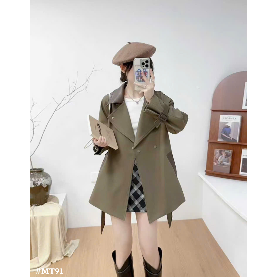 レディース ショートトレンチコート ベルト付き バイカラー 春秋アウター きれいめ