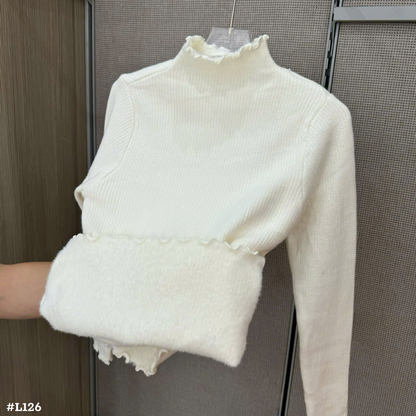 レディース 裏起毛 リブニット ハイネック 長袖 メロウフリル あったか 秋冬トップス