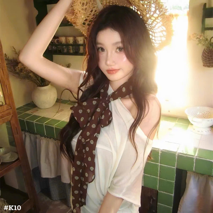 レディース ドット柄 ロングスカーフ リボンスカーフ 韓国風