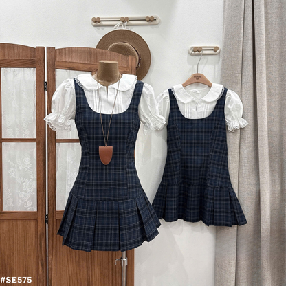 上品チェック柄ワンピースセット 半袖ブラウス付き 着痩せ ミニ丈 学生風 フレンチスタイル