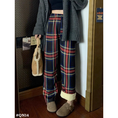 レディース 裏ボア チェック柄 ワイドパンツ 秋冬 防寒 あったかパンツ