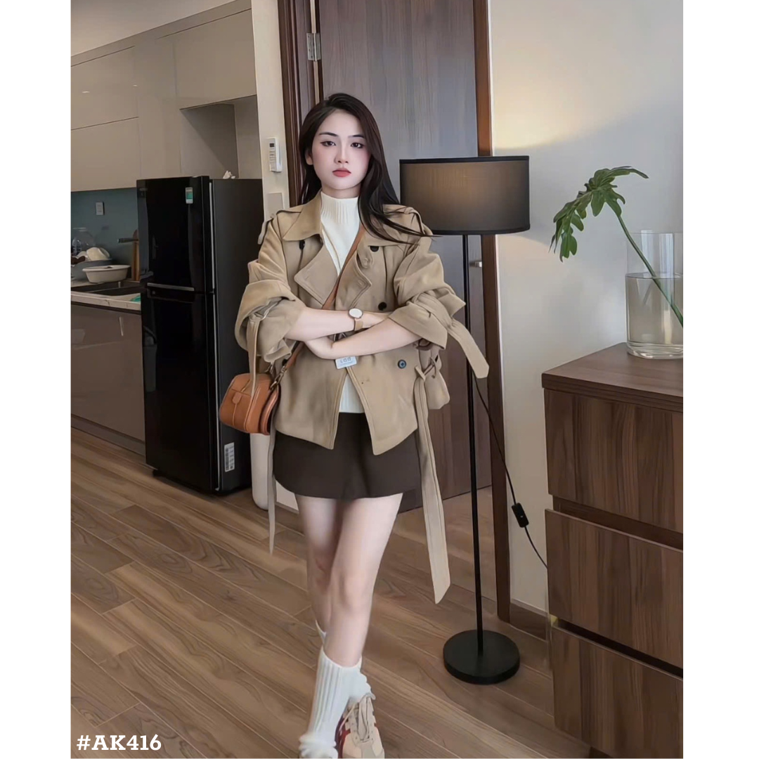 レディース ショートトレンチコート ベルト付き スエード調 秋アウター ゆったり