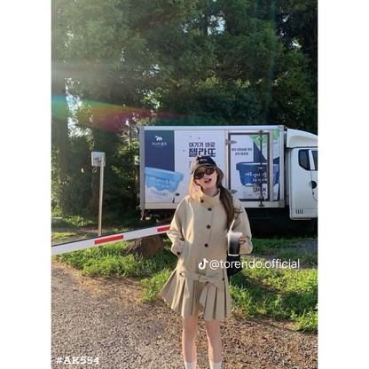 レディース 韓国風 スタンドカラー ジャケット 長袖 ウエストリボン付き ペプラム フレア裾 ボタン アウター きれいめ 春秋