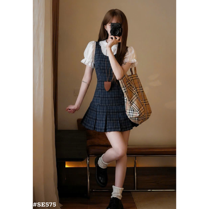 上品チェック柄ワンピースセット 半袖ブラウス付き 着痩せ ミニ丈 学生風 フレンチスタイル