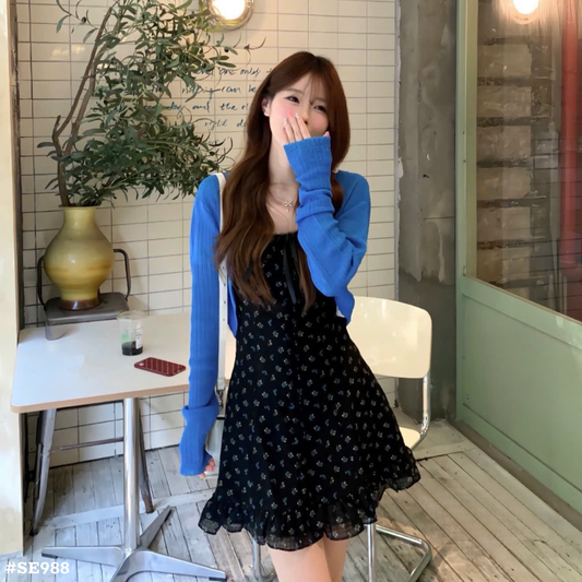 レディース 花柄キャミワンピース＋ブルーカーディガン 2点セット ミニワンピ フェミニン 韓国風