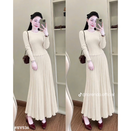 レディース 韓国風 ニットセットアップ 2点セット 長袖 リブニットトップス ロングプリーツスカート 秋冬 大人可愛い 上品 きれいめ
