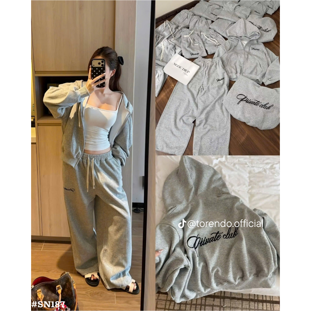 レディース スウェットセットアップ 2点セット フード付き ジップパーカー ワイドパンツ グレー 長袖 ゆったり カジュアル 韓国風
