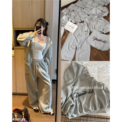 レディース スウェットセットアップ 2点セット フード付き ジップパーカー ワイドパンツ グレー 長袖 ゆったり カジュアル 韓国風