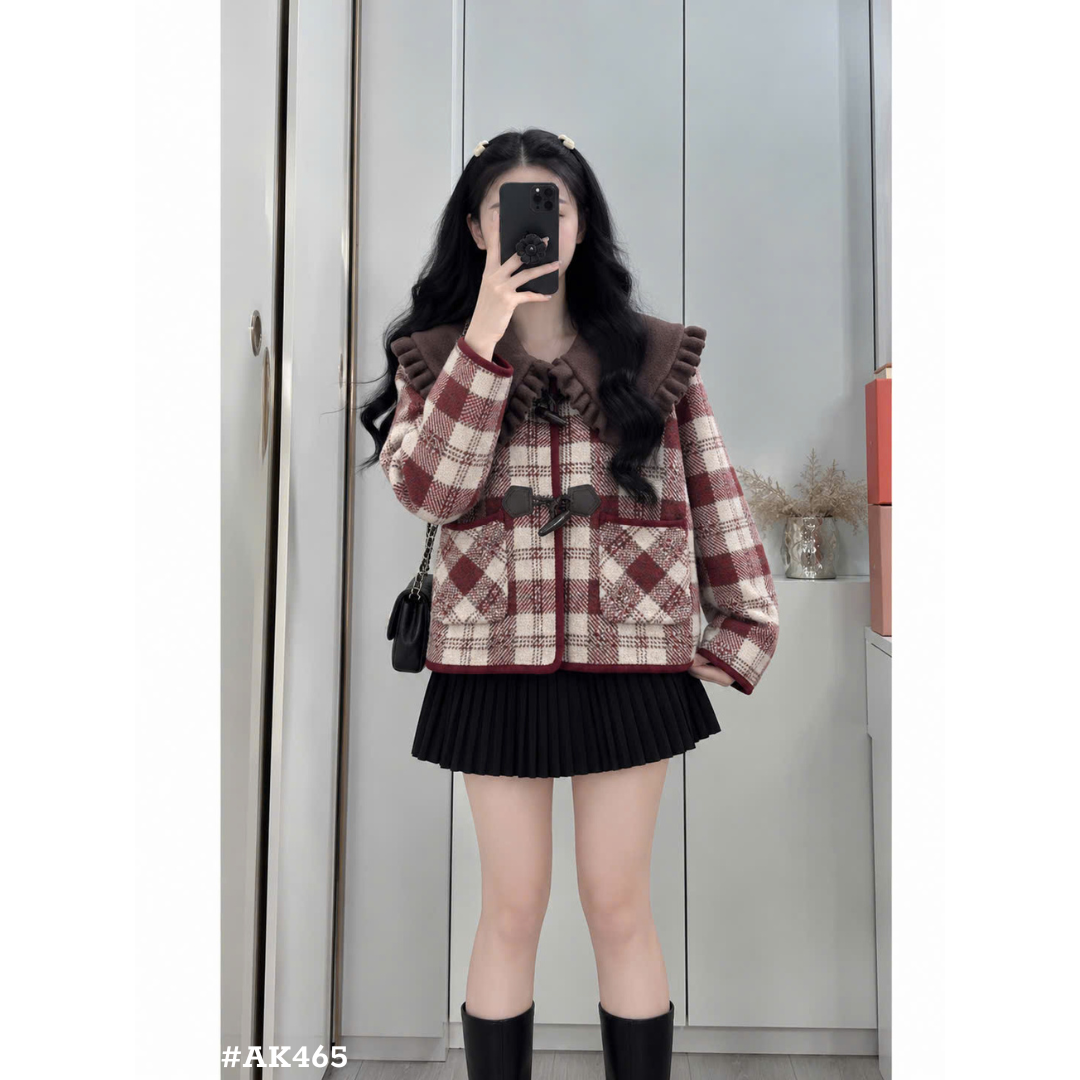 レディース チェック柄 ニットジャケット 大きめフリル襟 秋冬アウター