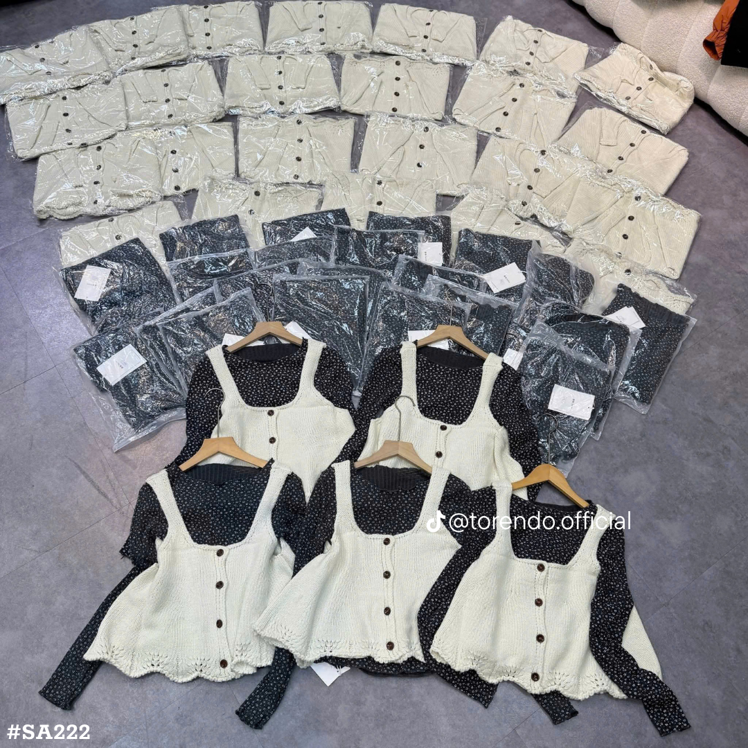 レディース 韓国風 2点セット 花柄長袖トップス ニットベスト レイヤード 重ね着風 フリル 大人可愛い 秋冬コーデ
