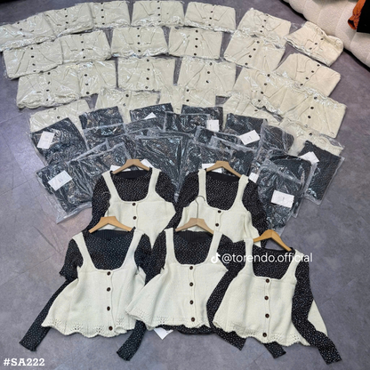 レディース 韓国風 2点セット 花柄長袖トップス ニットベスト レイヤード 重ね着風 フリル 大人可愛い 秋冬コーデ