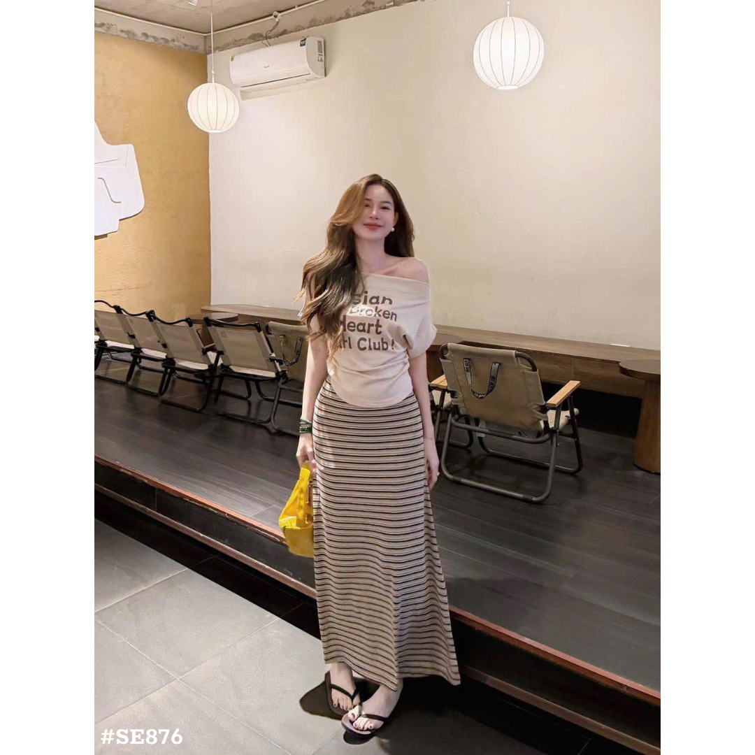 ベージュ ボーダーロングスカート＆オフショルダーTシャツ 2点セット レディース 韓国風 カジュアル 着痩せ 夏コーデ