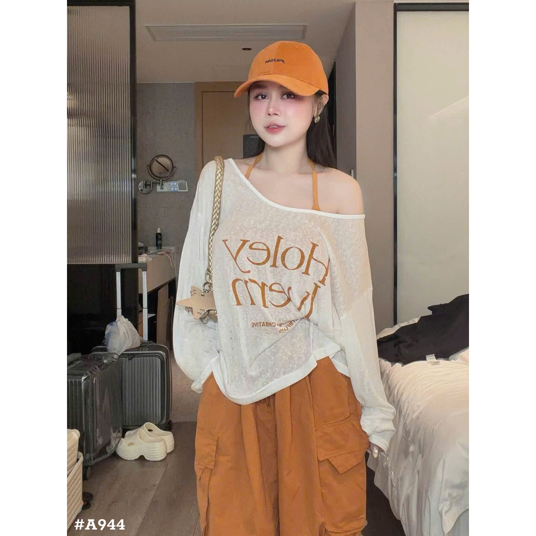 レディース シアー長袖トップス キャミソール付き オフショルダー ゆったり ロゴTシャツ 韓国風