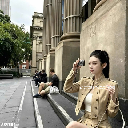 レディース 韓国風 セットアップ 2点セット ショート丈ジャケット プリーツミニスカート 長袖 ベルト付き カジュアル 秋冬