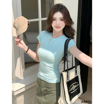 1枚で着られる！カップ付きクロップドTシャツ 半袖 ストレッチ 美シルエット