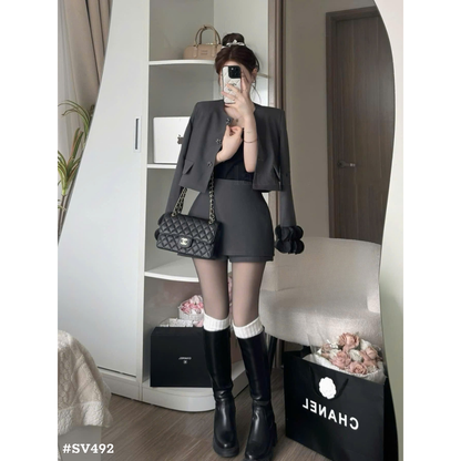 レディース 韓国風セットアップ ノーカラージャケット ミニスカート 2点セット ショート丈 フリル袖 きれいめ 大人可愛い 秋冬