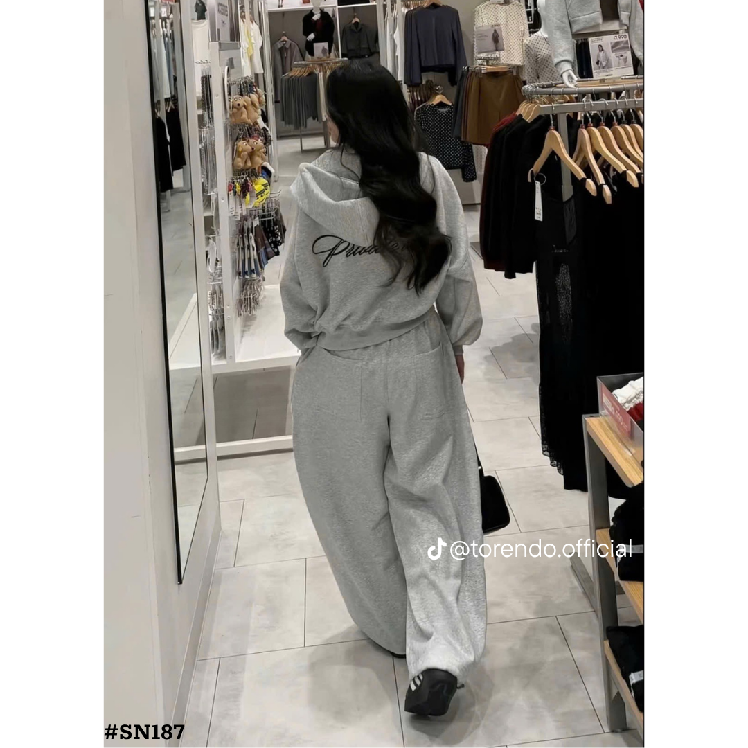 レディース スウェットセットアップ 2点セット フード付き ジップパーカー ワイドパンツ グレー 長袖 ゆったり カジュアル 韓国風