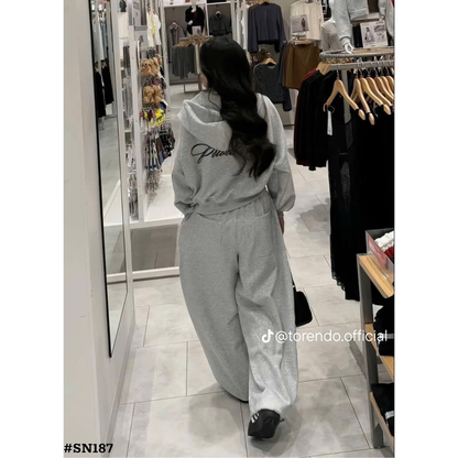レディース スウェットセットアップ 2点セット フード付き ジップパーカー ワイドパンツ グレー 長袖 ゆったり カジュアル 韓国風