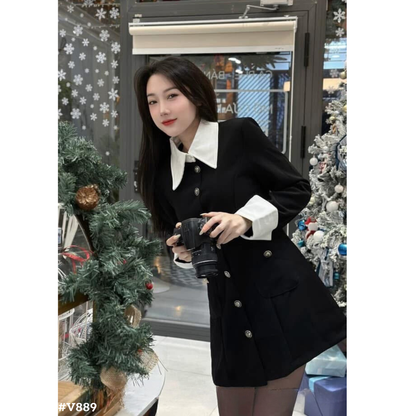 レディース 韓国風ワンピース 襟付き 長袖 ミニワンピース ブラック ホワイト配色 ウエスト細見え きれいめ 大人可愛い