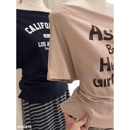 ベージュ ボーダーロングスカート＆オフショルダーTシャツ 2点セット レディース 韓国風 カジュアル 着痩せ 夏コーデ