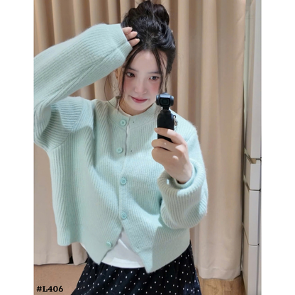 レディース ニットカーディガン ショート丈 クルーネック 長袖 前開き ボタン付き 韓国ファッション 秋冬 トップス