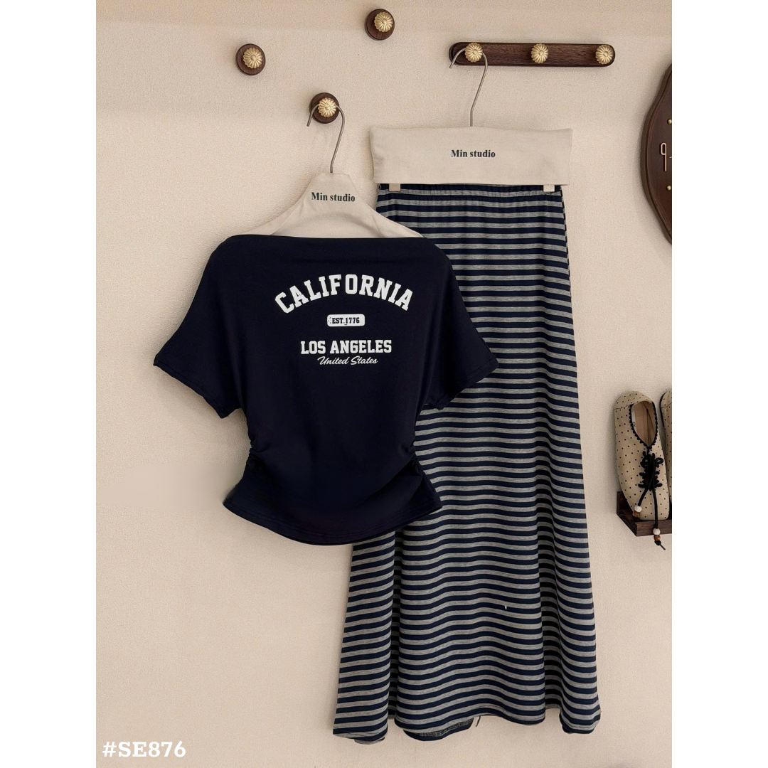 ベージュ ボーダーロングスカート＆オフショルダーTシャツ 2点セット レディース 韓国風 カジュアル 着痩せ 夏コーデ