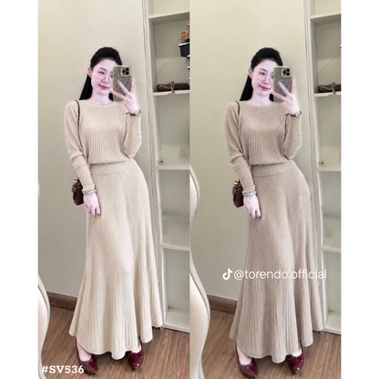 レディース 韓国風 ニットセットアップ 2点セット 長袖 リブニットトップス ロングプリーツスカート 秋冬 大人可愛い 上品 きれいめ