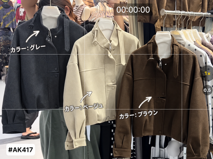 レディース ショートジャケット ゆったり オーバーサイズ スタンドカラー 秋冬 アウター