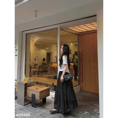レディース ドット柄ティアードロングスカート 水玉 フレアスカート ウエストゴム 韓国ファッション 大人可愛い カジュアル