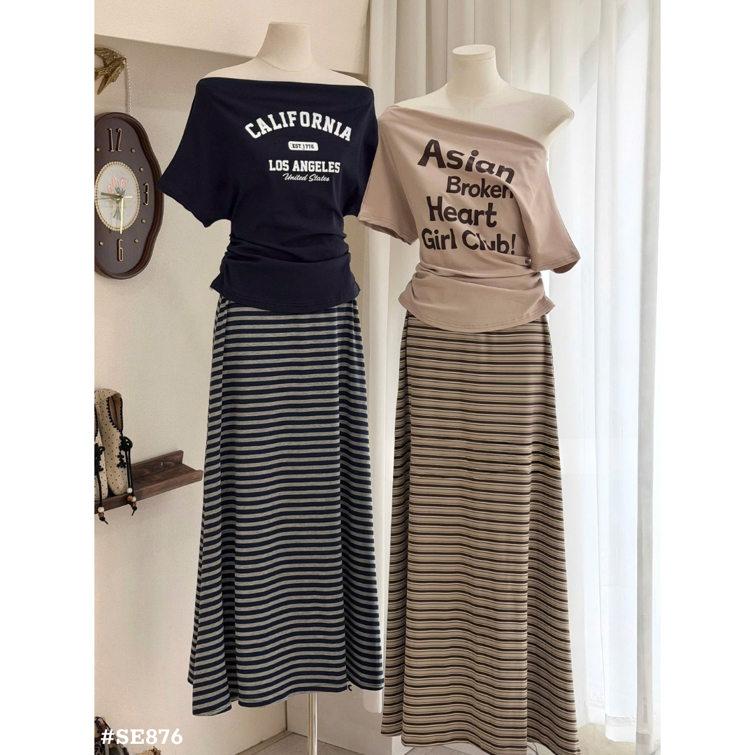 ベージュ ボーダーロングスカート＆オフショルダーTシャツ 2点セット レディース 韓国風 カジュアル 着痩せ 夏コーデ