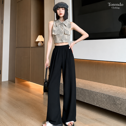 ゆったりワイドパンツ 美脚見え 体型カバー 涼感素材 ウエストゴム 楽ちんパンツ レディース