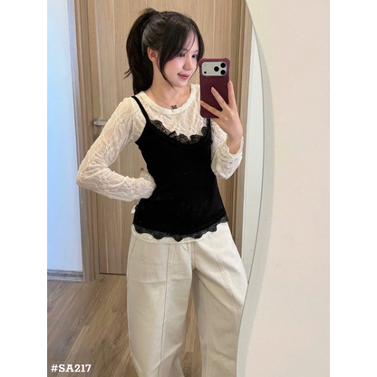 レディース 韓国風 2点セット レーストップス キャミソール 重ね着風 長袖 シアートップス フェミニン 大人可愛い 秋冬
