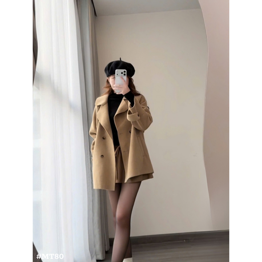レディース ミドル丈コート 圧縮ウール風 ダブルボタン ベルト付き 韓国ファッション 秋冬