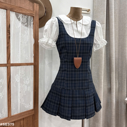 上品チェック柄ワンピースセット 半袖ブラウス付き 着痩せ ミニ丈 学生風 フレンチスタイル