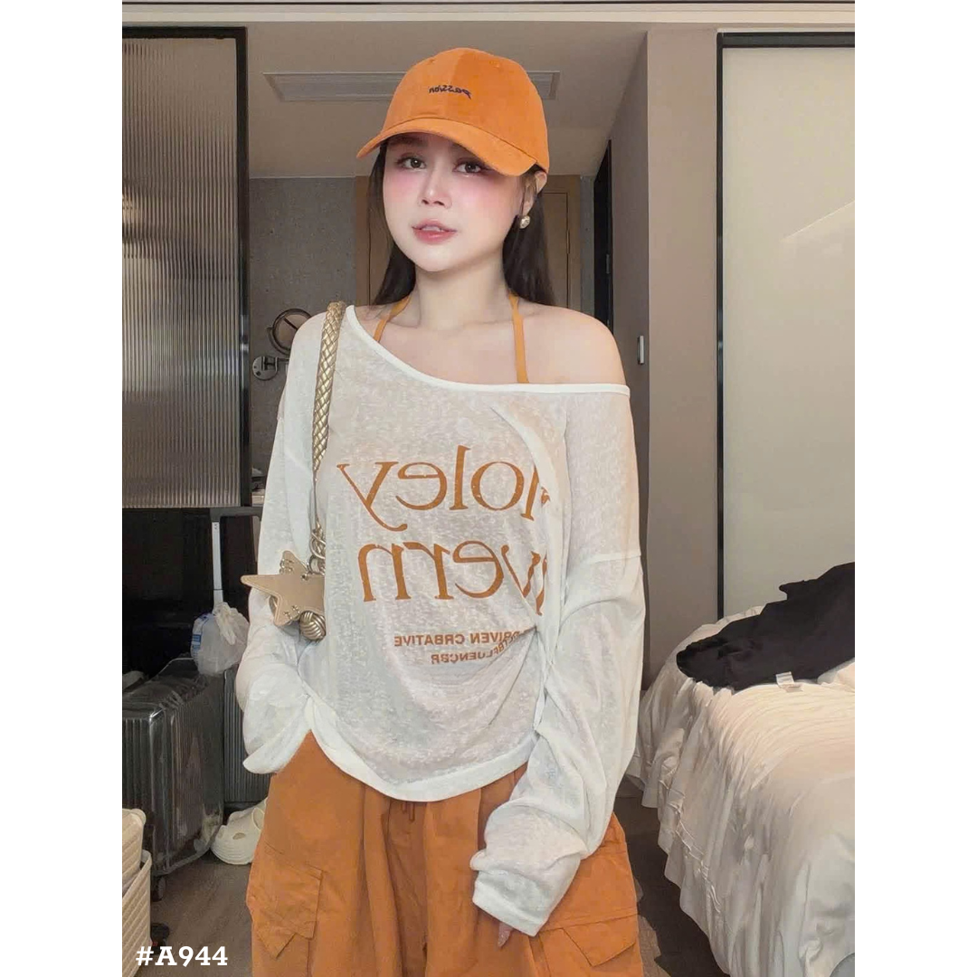 レディース シアー長袖トップス キャミソール付き オフショルダー ゆったり ロゴTシャツ 韓国風