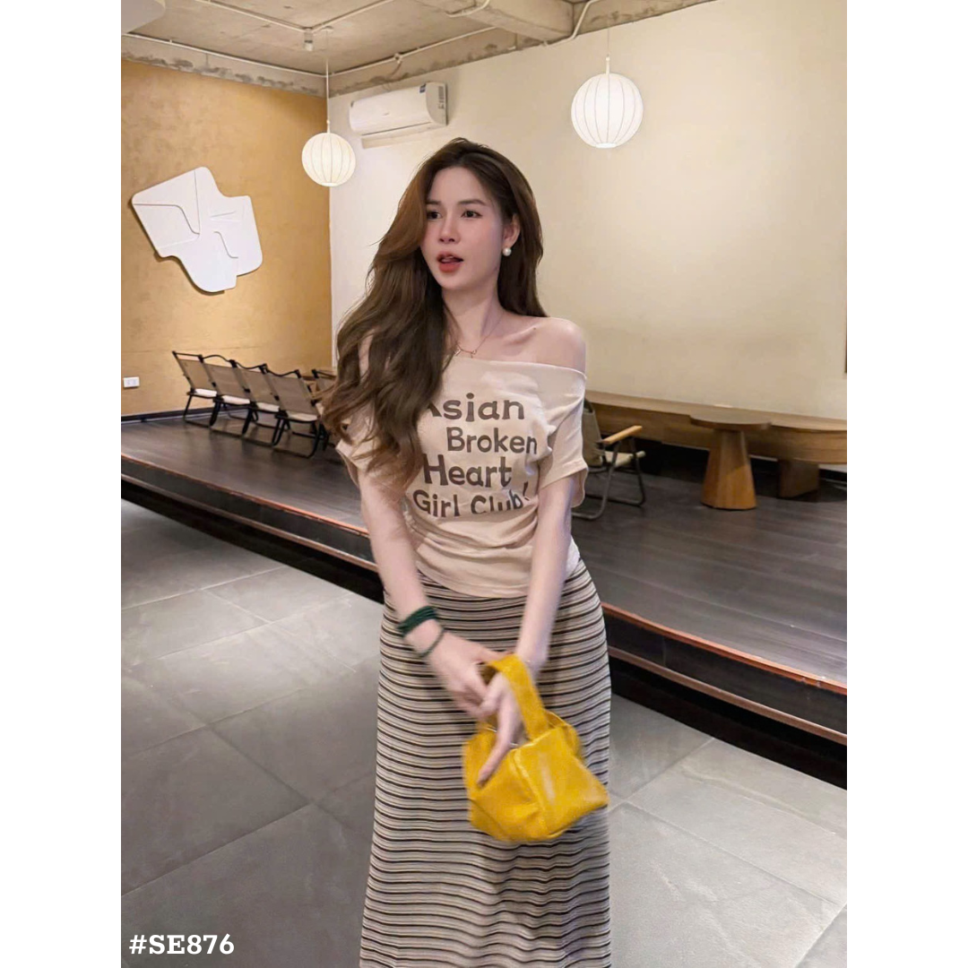 ベージュ ボーダーロングスカート＆オフショルダーTシャツ 2点セット レディース 韓国風 カジュアル 着痩せ 夏コーデ