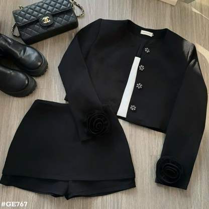 レディース 韓国風セットアップ ノーカラージャケット ショートパンツ 2点セット 花柄ボタン フリル袖 きれいめ 大人可愛い