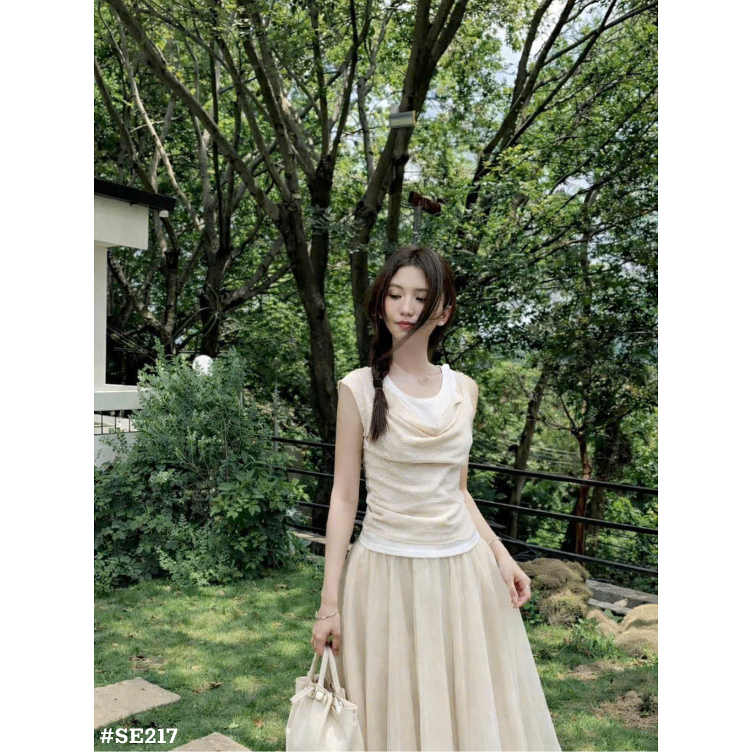 上品セットアップ ドレープトップス＆ロングチュールスカート 2点セット フェミニン 韓国風