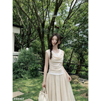 上品セットアップ ドレープトップス＆ロングチュールスカート 2点セット フェミニン 韓国風