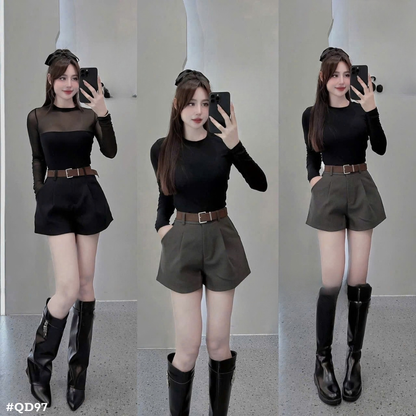 レディース ショートパンツ ベルト付き ハイウエスト タック入り キュロット 韓国ファッション 美脚 秋冬 カジュアル